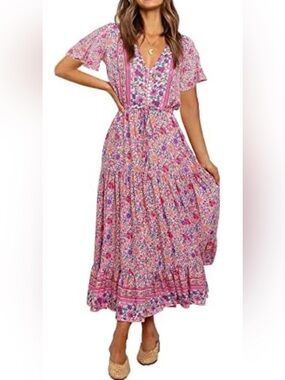 New R.Vivimos Bohemian Dress. Size Large. Pink Purple Floral Maxi. NWT.